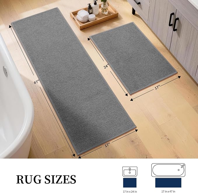 YIHOUSE Dark Gray Bathroom Rugs Sets 2 Piece, Quick Dry Thin Bath Mat, Non Slip Absorbent Machine Washable, Bath Runner Rug for Bathtub Sink Home Decor (17"x24" + 17"x47")