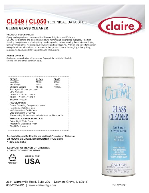 Claire CL050-12pk Gleme Glass Cleaner; 19 Oz. Net Wt,12 Count