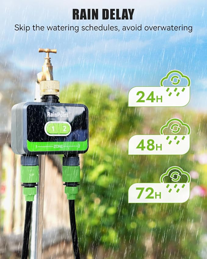 RAINPOINT Bluetooth Water Timer for Garden Hose, Smart Hose Timer 2 Outlet(Not Hub), Wireless Sprinkler Watering Timer with Rain Delay, Automatic Irrigation System for Lawns and Yard