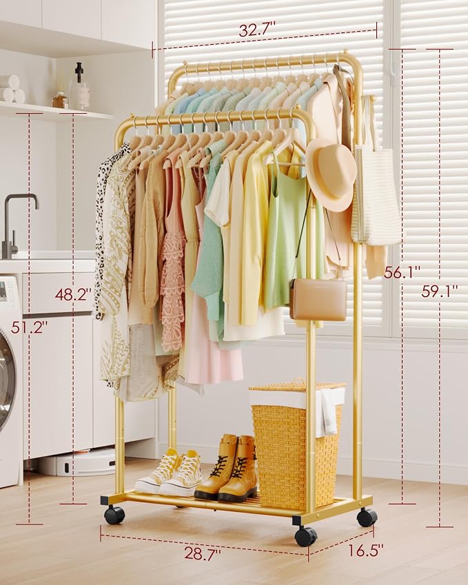 Sakugi Clothes Rack - Double Rods Clothing Rack with Mesh Shelf, Hooks & Wheels, Metal Clothing Racks for Hanging Clothes & Bags, Multifunctional Garment Rack for Laundry, Gold, 28.7" x 16.5" x 59.1"