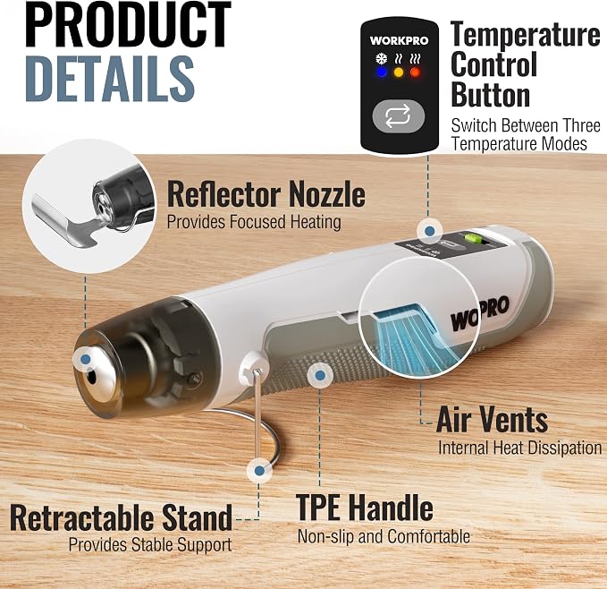 WORKPRO 7.2V Pink Cordless Mini Heat Gun, 1.5s Fast Heating | 3 Temp Settings (Cool/572°F/842°F), 4000mAh Battery, USB-C Charging Cable Included, For DIY Crafts