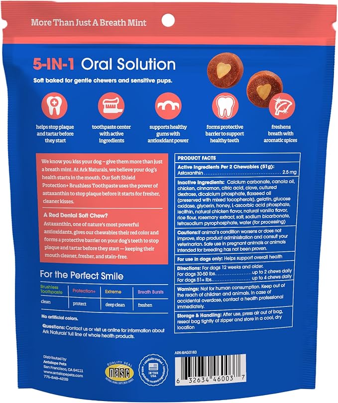 Ark Naturals Soft Shield Protection+ Brushless Toothpaste, Large Breed 20ct | Vet Formulated Soft-Baked Dog Dental Chew with Toothpaste Center - Freshens Breath and Prevents Plaque & Tartar