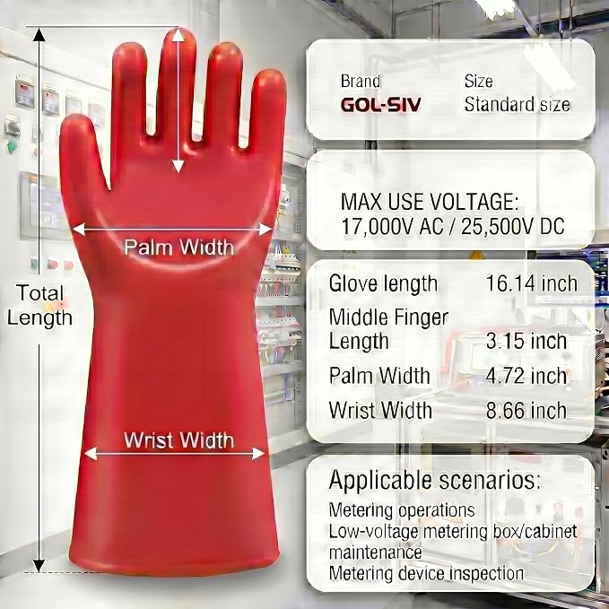 Class 2 High Voltage Electrical Insulated Gloves, 20KV Tested (Max Use 10KV) - Heavy Duty Rubber Electrician Gloves for EV Hybrid Car Repair, Lineman Work & Industrial Maintenance - Red Latex