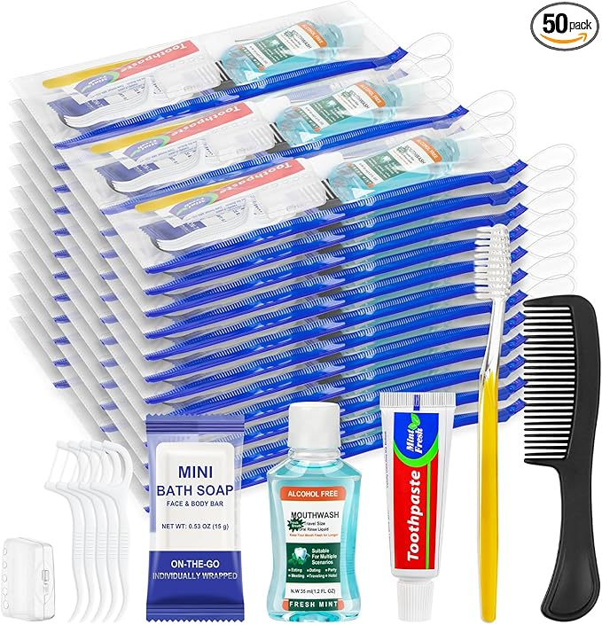 Personal Hygiene Kit Bulk Pack of 50,Yellow Basic Travel Toiletry Set Disposable Toothbrushes with Toothpaste Mouthwash Floss Comb Cover and Zip Bag for Homeless,Charity,Guests