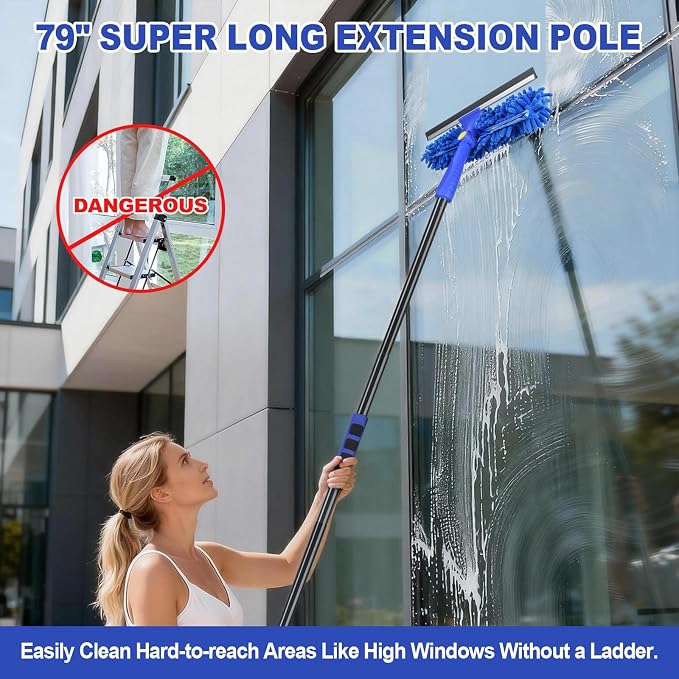 Wontolf 13pcs Window Cleaning Kit with Bucket 3 Gallon, 2-in1 Window Squeegee with 79" Long Handle, Professional Window Washing Equipment Cleaner Tool for Home Outdoor Commercial Use