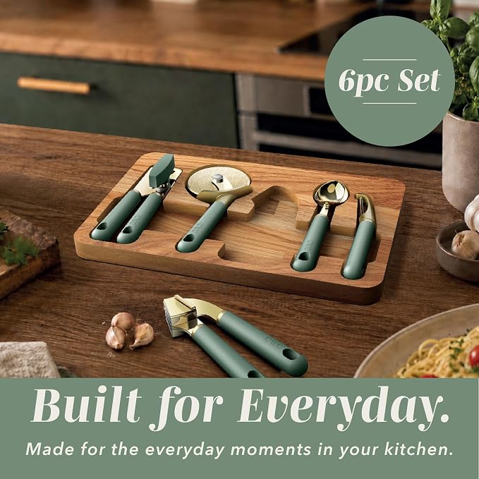 COOK WITH COLOR 6-Piece Kitchen Tool Set with Acacia Wood Cutting Board, Can Opener, Pizza Cutter, Garlic Press, Scoop & Peeler, Sage