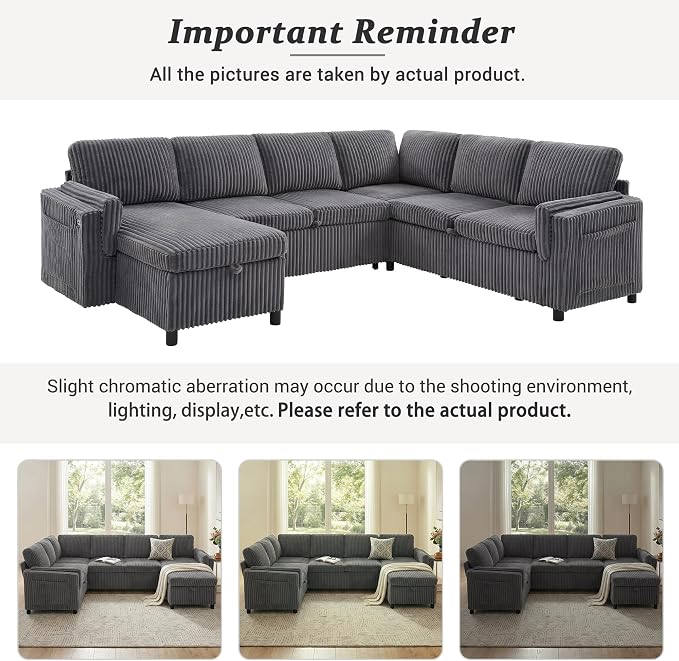 L Shaped Sectional Sleeper Sofa with Pull Out Bed, Dark Grey | 7 Seat Modular Design, Hidden Storage Space, Soft Corduroy Fabric, USB Charging, Cup Holders, Removable Covers, Easy Assembly