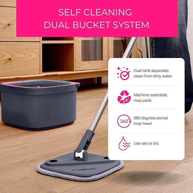 Heavy Duty Square Spin Mop for Floor Cleaning, Machine Washable Pads