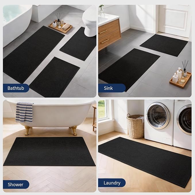 YIHOUSE Black Bathroom Rugs Sets 5 Piece, Quick Dry Thin Bath Mat with Toilet Rug, Non Slip Absorbent Machine Washable, Bath Runner Rugs for Bathtub Sink Home Decor