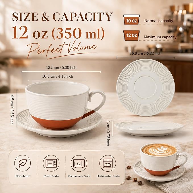 12 Oz Cappuccino Cups with Saucers, Coffee Cups Set of 4, Ceramic Tea Cup and Saucers, Wide Mouth Coffee Mugs for Latte Art, Cappuccino, Espresso & Cafe Drinks, Microwave Dishwasher Safe