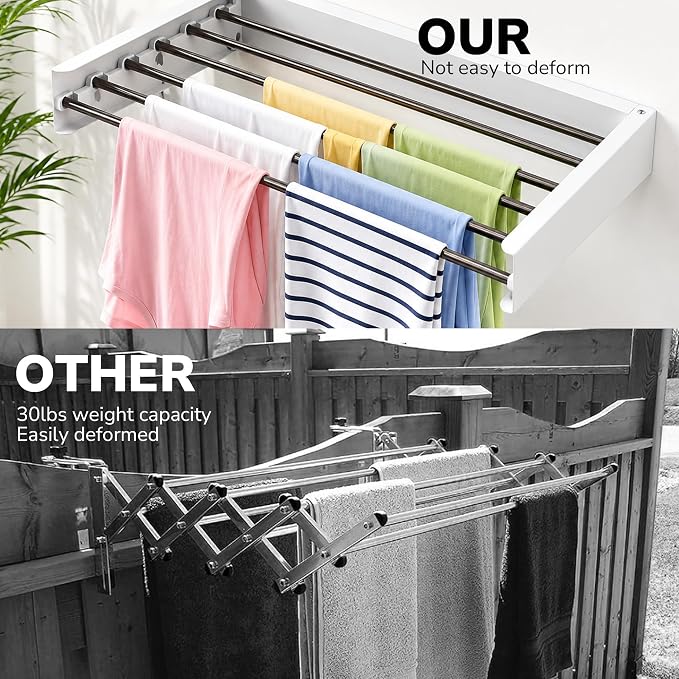 Wall Mounted Clothes Drying Rack Collapsible, Pure Stainless Steel Folding Laundry Drying Rack for Indoor Outdoor Use, Heavy Duty Wall Mounted Clothes Rack White