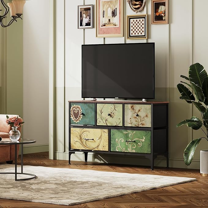 WLIVE Wide Dresser for Bedroom, 5 Drawer Chest of Drawers, Floral | 5 roomy fabric drawers, Wide storage design, Bedroom or closet use, Sturdy steel frame, Smooth wood tabletop