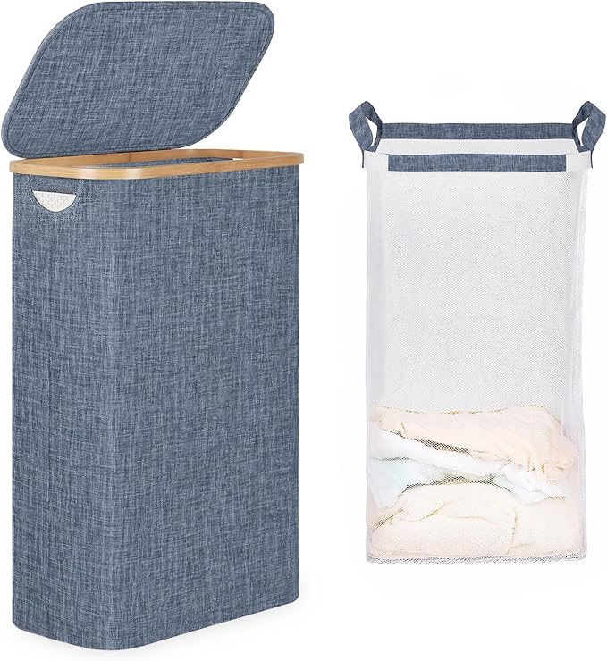 iEGrow 65L Slim Laundry Hamper, Narrow Laundry Basket with Lid,Foldable Clothes Hamper with Bamboo Handles,Hamper Basket with Removable Inner Bag for Laundry Room Bedroom College Dorm,17.17 Gals Blue