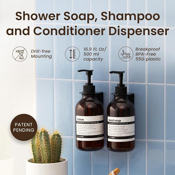 Shampoo and Conditioner Dispenser Wall Mounted Set of 2 Amber Black - No Drill Shower Soap Dispenser for Bathroom Refillable - Spa Hotel Style Accessories by MaisoNovo | 500 ml Shower Gel Dispenser Set of 2. Refillable Shampoo and Conditioner Bottles. ...