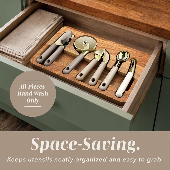 COOK WITH COLOR 6-Piece Kitchen Tool Set with Acacia Wood Cutting Board, Can Opener, Pizza Cutter & Prep Essentials, Brown Ombre