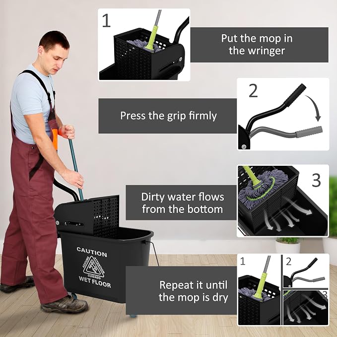 HOMCOM Commercial Mop Bucket Side Press Wringer Wheels 21 Quart Black | for Floor Cleaning, Separate Dirty and Clean Water, for Home Apartment Small Business and Office