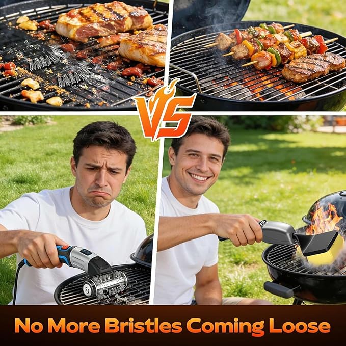 Bristle-Free Electric Grill Brush, Fire-Resistant BBQ Grill Brush, Reciprocating Grill Brush for Outdoor Grill, Grill Cleaner with 3 Heads, Cordless Grill Cleaning Brush with 3600 mAn, Silver