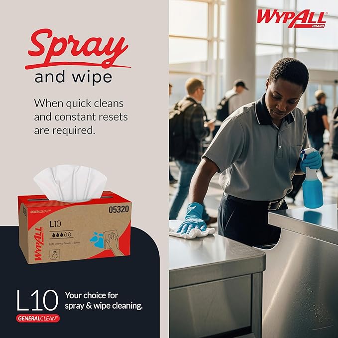 WypAll GeneralClean L10 Cloths Light Cleaning Wipes (05320), Pop-Up Box, Bulk Paper Wipers, White (18 Packs of 125 Sheets, 2,250 Sheet Total)