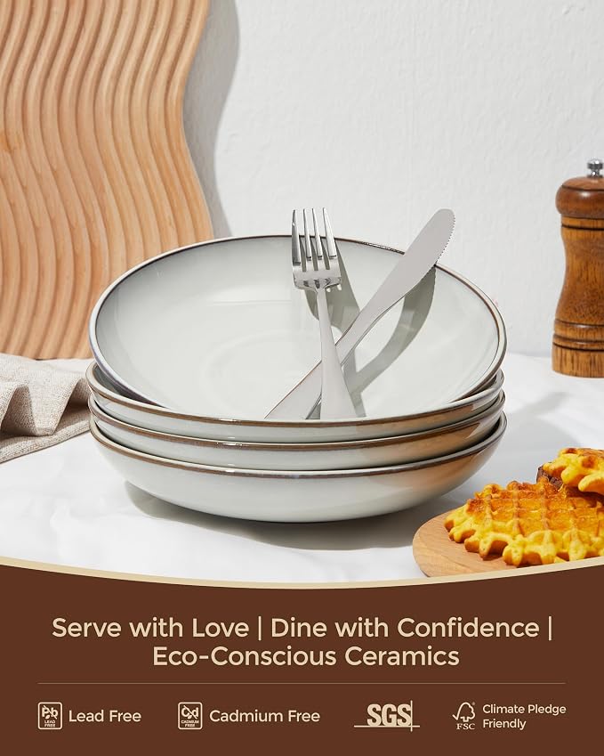 Pokini 16 Piece Double Bowl Dinnerware Sets with Pasta Bowls, Highly Chip and Crack Resistant Plates and Bowls Sets, Natural Earthyware Ceramic Dishware Sets, Service for 4 Moonstone White