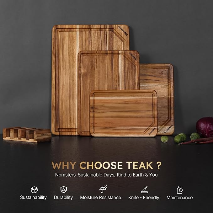 4 Pack Teak Wood Cutting Board Set with Holder Non Slip Over Sink Wooden Chopping Board for Fresh Meat Vegetable Thick Haus Perfect for Charcuterie Juice Groove Holiday Gift Ideas for Men and Women