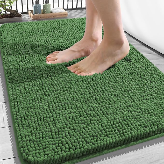 OLANLY Bathroom Rugs 34x21, Extra Soft Absorbent Chenille Bath Rugs, Rubber Backing Quick Dry, Machine Washable Bath Mats for Bathroom Floor, Tub and Shower, Home Decor Accessories, Olive Green