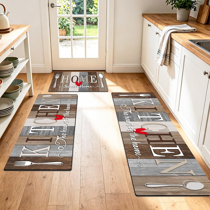 Kitchen Rugs Set 3 Piece, Non Slip Kitchen Mats for Floor, Soft Fabric with Rubber Backing, Farmhouse Anti Fatigue Runners Carpet for Home Kitchen Laundry Room Hallway (Rustic Brown & Grey)