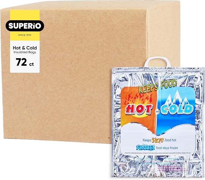 Superio Hot and Cold Insulated Bags for Food Delivery, Grocery Shopping Bags, Food Storage for Hot and Frozen Food for Travel, Disposable Cooler Bag, Reinforced Thermal Lunch Bag (72, 16"x5.5"x19")