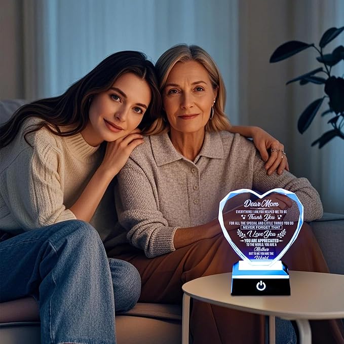ZHSHWAT Crystal Heart Keepsake with Color-Changing LED Base for Mom Engraved Dear Mom Gift from DaughterSon Birthday, Mother's Day, Christmas, Anniversary Presents for Her