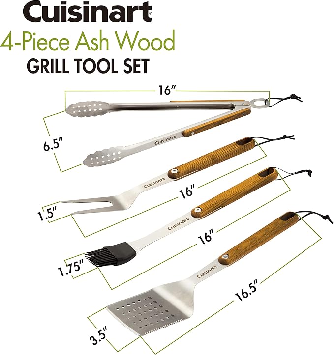 Cuisinart CGS-1100 (Spatula, Locking Tongs, Fork, Basting Brush) 4-Piece Grill Tool Set, Ash Wood Handle