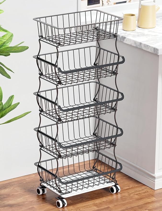 OKZEST 5 Tier Fruit Basket for Kitchen, Stackable Bins Wire Rack with Wheels, Fruit and Vegetable Storage Basket Pantry Food Snack Organizer Shelf, Kitchen Storage Cart for Onion and Potato, Produce