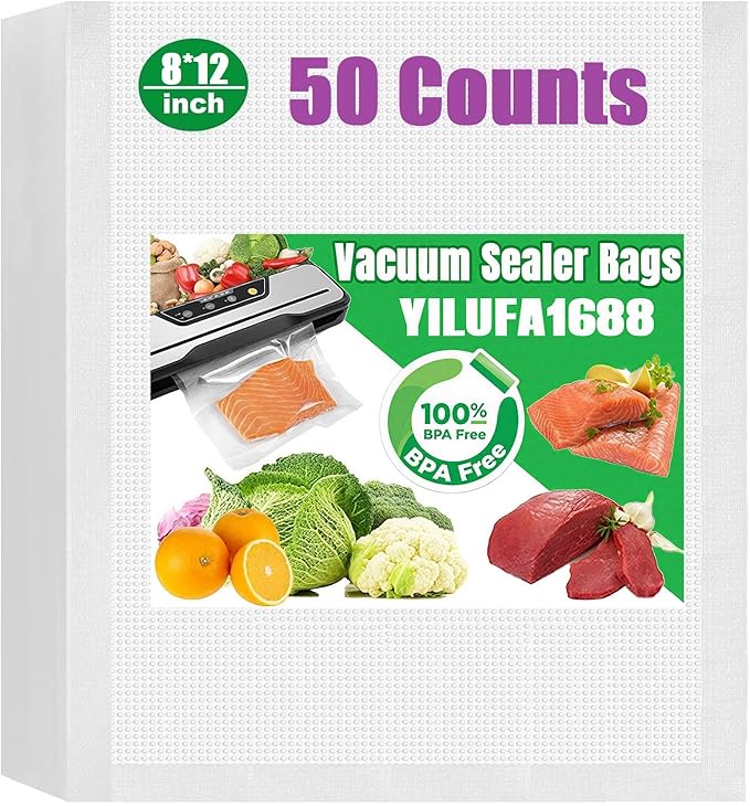 Vacuum Sealer Bags for Food - 50 Count 8"x12" Precut | BPA-Free Commercial Grade | 6X Freshness | Universal Clamp Machine Fit | Ideal for Freezer & Sous Vide