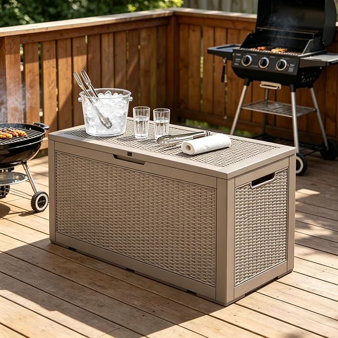 100 Gal Outdoor Storage Box Waterproof Lockable,Deck Box,Gas Lift,Grey | Waterproof Resin Deck Box, Lockable Gas Lift Outdoor Storage for Patio Cushions, Garden Tools, Pool Supplies