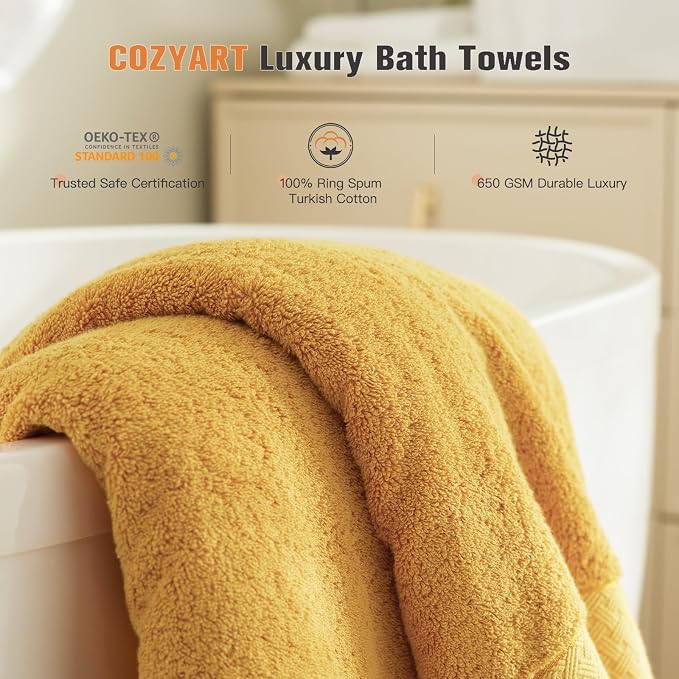 COZYART Bath Towel Set 6 PCS, Luxury Gold 100% Turkish Cotton 650GSM Soft | Absorbent Quick Dry, OEKO‑Tex 100 Cert. Zero Twist Ring Spun Cotton, Plush Fluffy, Breathable Hotel Quality Bathroom Towels