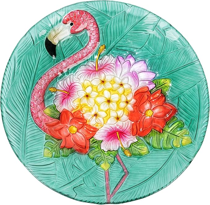 Teamson Home 17.8 in. Fusion Glass Birdbath, Multi | Bird Design, Tropical Flamingo Design, Foldable Metal Stand, Ground Hook