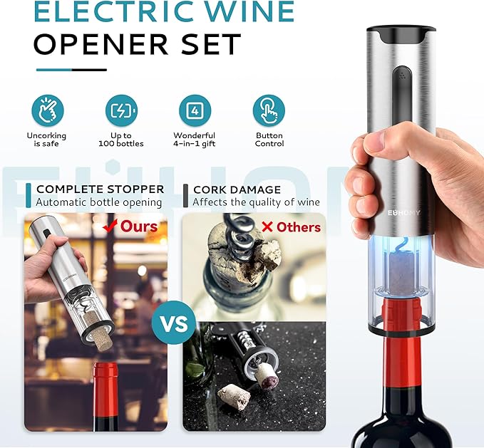 EUHOMY Electric Wine Opener with Charging Base, Wine Aerator Pourer and Foil Cutter, Stainless Steel Automatic Corkscrew Opener with Wine Vacuum Stopper, Fine Set for Wine Lovers