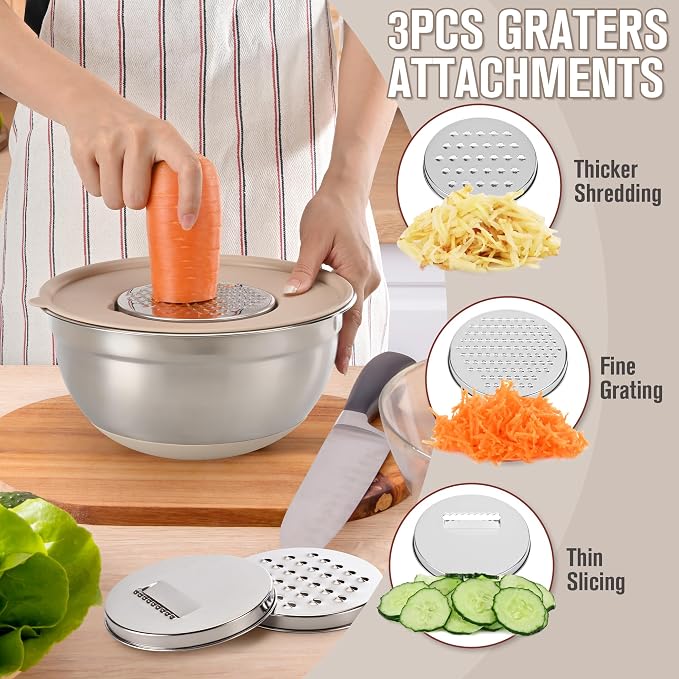 7QT 23PCS Mixing Bowls with Airtight Lid Set, Stainless Steel Nesting Bowls with 3 Graters, Non-Slip Base, Large Prep Bowls 7, 3.5, 2.5, 2, 1.4, 1QT & 14 Measuring Spoons Great for Baking, Serving