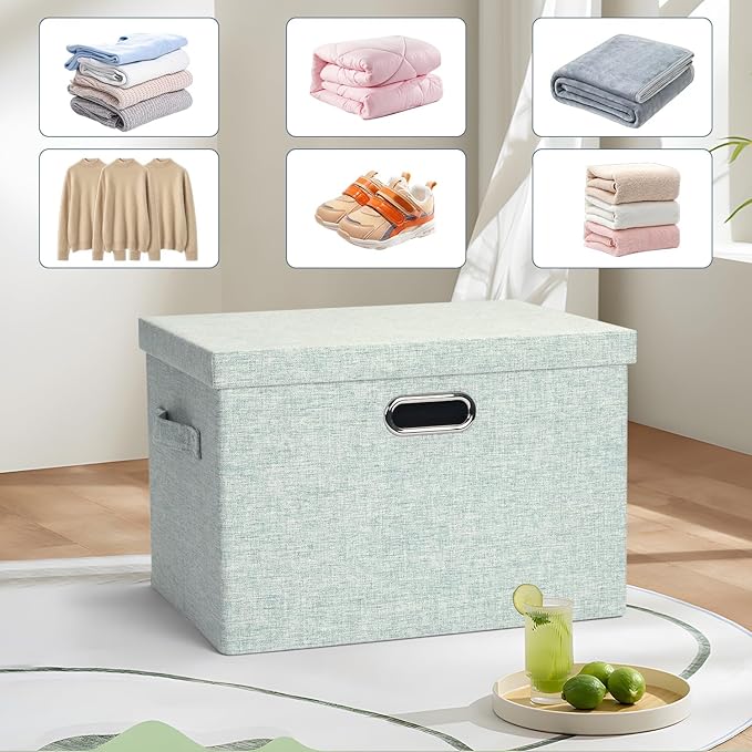 Graciadeco Large 17" 36 Quart Collapsible Stackable Storage Bins with Lids, 3 Packs Light Green Linen Fabric Closet Boxes, Storage Cube Baskets Container Organizers for Office (16.5x12.2x11.2)