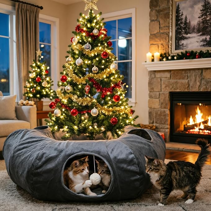Cat Tunnel with Bed, Large Foldable Pet Donut Tunnel Interactive Cat Toys | Plush Cat Play Tunnel Toys with Ball, Peekaboo Cave Bed Cat Tunnel for Large Cats, Kittens, Rabbits, Puppies - Grey