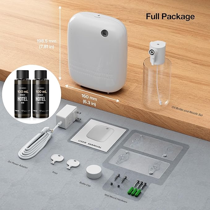 Smart Waterless Essential Oil Diffuser (400 mL Capacity) Hotel Scent Starter Kit with 200mL Fragrance Oil, Up to 2000 sq ft App Control Scent Air Machine with 12V1A Power Adapter, ANW Kit White