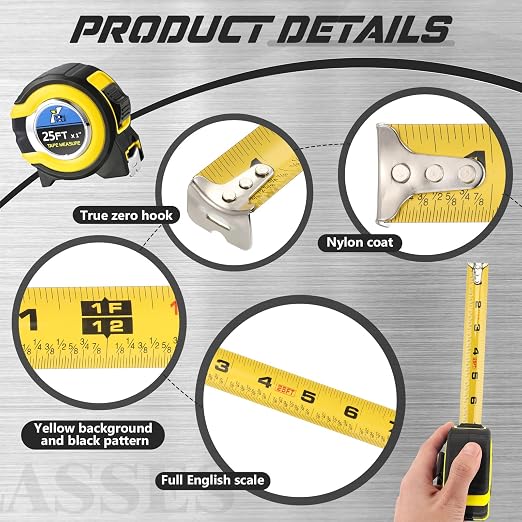 Youyole 10 Pack Tape Measure with Fractions 1/8 Steel Measuring Tape Retractable Easy Read Measurement Ruler Steel Power Blade (25 ft X 1 in,Yellow)