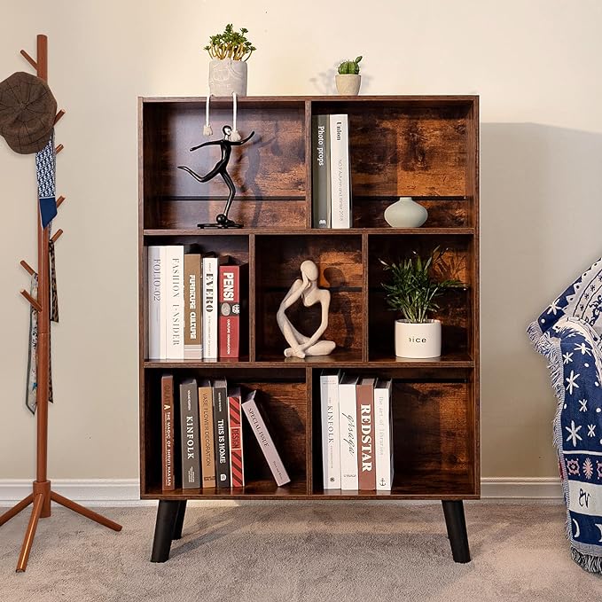 LEYAOYAO Cube Bookshelf, Mid-Century Modern Book Shelf with Legs, Brown | 3 Tier Bookcase, Rustic Wood Bookshelves, Freestanding Small Storage Organizer, Open Shelves for Bedroom, Living Room, Office