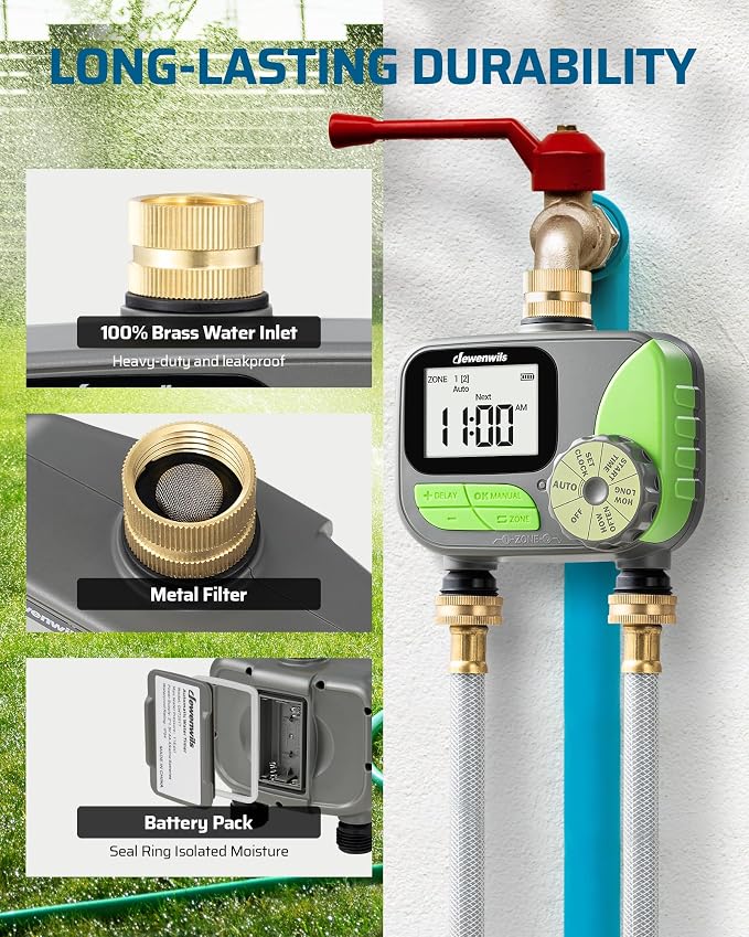 DEWENWILS 2-Zone Outdoor Hose Timer - Automatic Sprinkler Timer with Brass Inlet, Rain Delay & Manual Control for Lawn, Garden, and Yard Irrigation