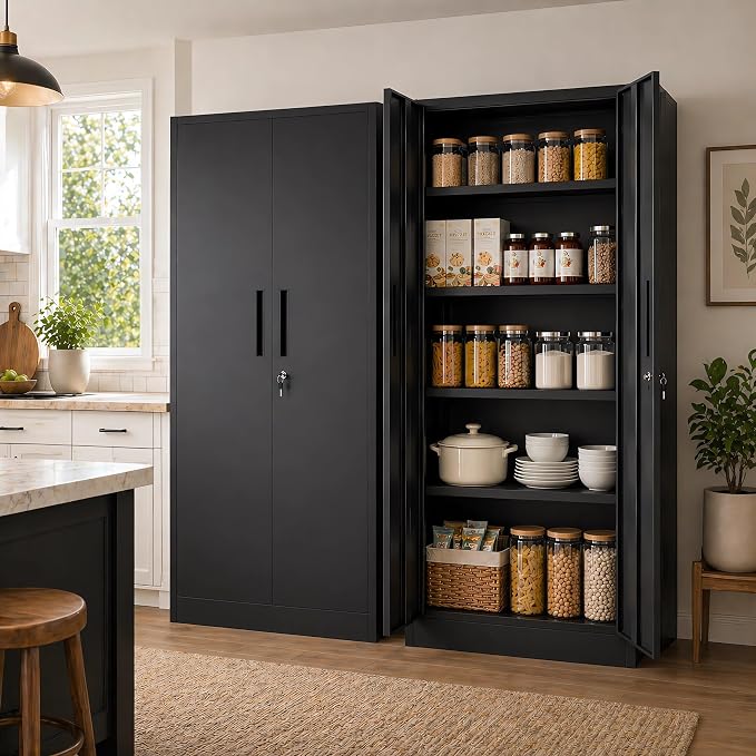 AQY Kitchen Pantry Cabinet,73" Black Pantry Storage Cabinet with 4 Tier Adjustable Shelves and 2 Doors,Freestanding Cupboard,Metal Pantry Cabinets with Handle for Living Room Kitchen Assembly Required