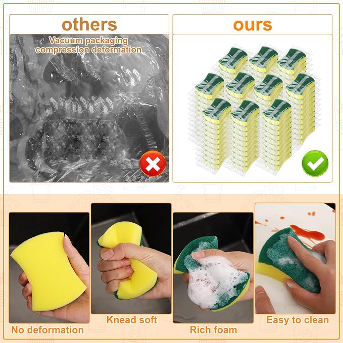 200 Pcs Individually Wrapped Sponges Uncompressed Non Scratch Scrouing Sponges for Household Cleaning Dishes Kitchen Airbnb Apartment Car Bike Green
