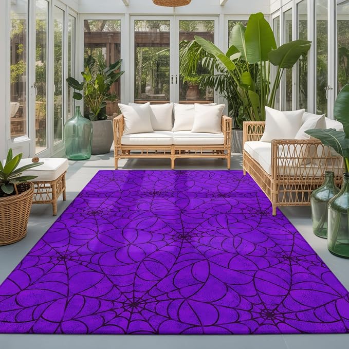 Area Rug 3'x5', Purple Halloween Washable Large Area Rugs for Kitchen Bedroom Laundry Bathroom Office, Black Spiders Net Classic Gingham Non Slip Door Mat Indoor Entryway Floor Accent Throw Carpet