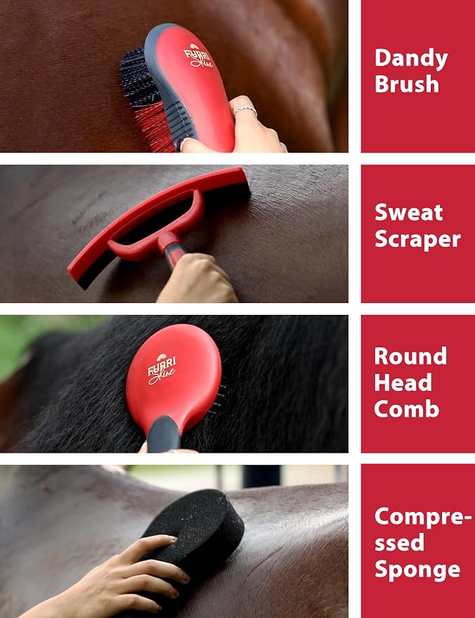 Horse Grooming Kit, 9 Piece Grooming Brush Set with Silicone Curry Comb for Bathing & Shedding Shadowberry