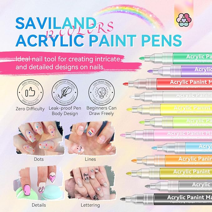 SAVILAND Nail Art Pens Set: 12 Colors Fine Tip 3D Nail Polish Pens Quick Drying Nails Art Markers for Painting Nails, Dotting Liner Brush Pen Design Tool Kit for Home DIY & Salon Manicure