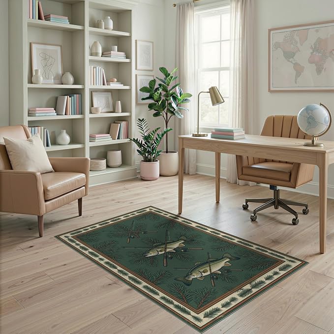 4'x6' Washable Area Rug Bass Vintage Lake Cabin Angler Lure Tackle Motif Fish Fishing Refined Structured Non-Slip Chair-Friendly for Home Office, Gaming Room, Under Desk