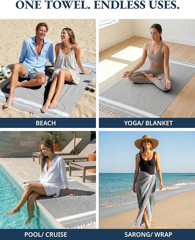 LANE LINEN Beach Towels 4 Pack Oversized, Turkish Towel Set - Smoky Black | Pre-Washed Oversized Beach Towel - 39"x71", Vacation Essential - Machine Washable, Travel & Camping - Super Absorbent, Soft