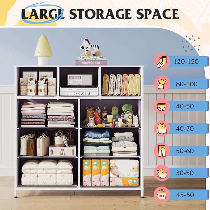 WLIVE 9 Drawer Dresser, Fabric Storage Tower for Bedroom, Hallway, Closet, Tall Chest Organizer Unit for Bedroom with Fabric Bins, Steel Frame, Wood Top, Easy Pull Handle, Purple
